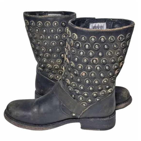 Frye 76406 Jenna Disc Short Black Leather Motorcycle Boots Women's